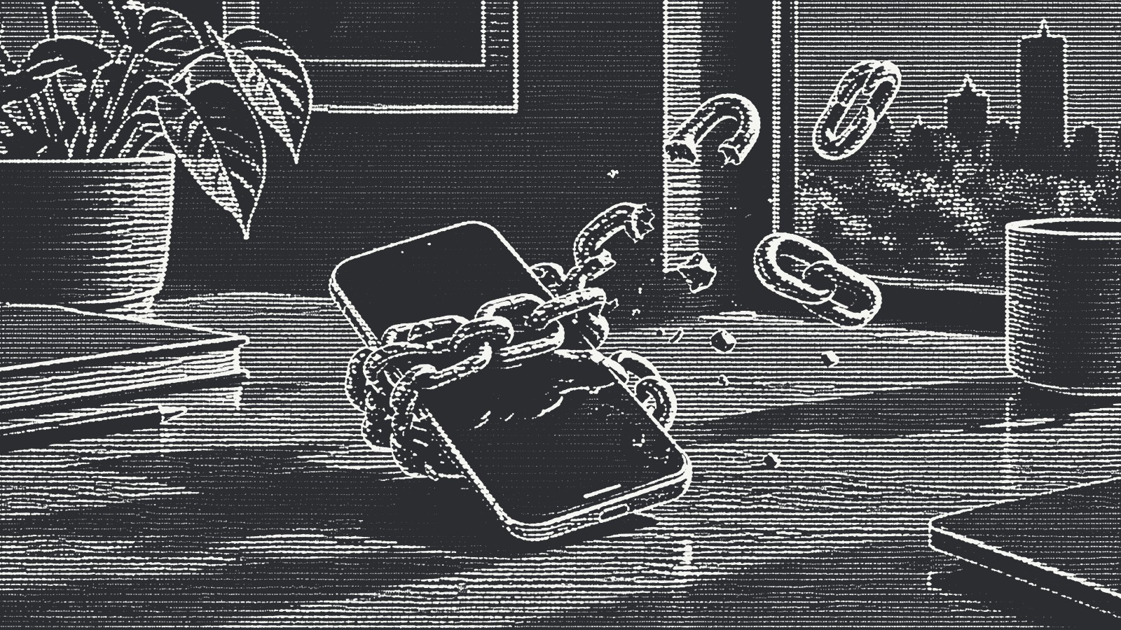A heavy chain wrapped around a smartphone snaps apart, its links floating away