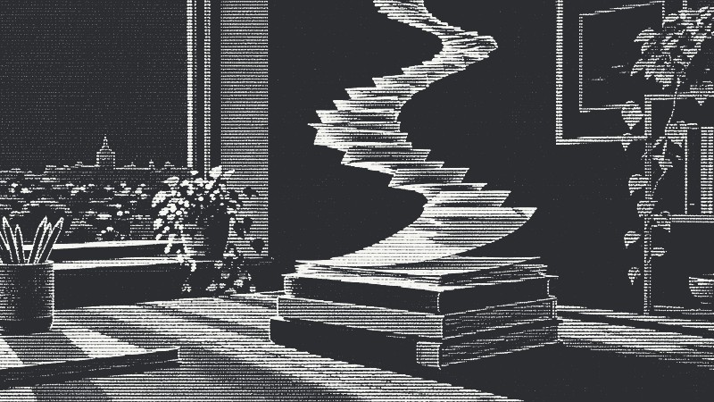 Printed pages lift off a stack of books and form a spiral staircase in the air