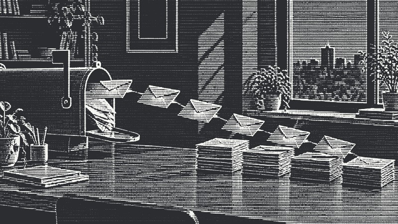 Glowing envelopes fly out of a mailbox and land in neat sorted stacks