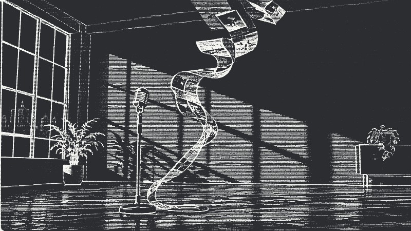 A vintage microphone's cable turns into a ribbon of newspaper pages flying upward
