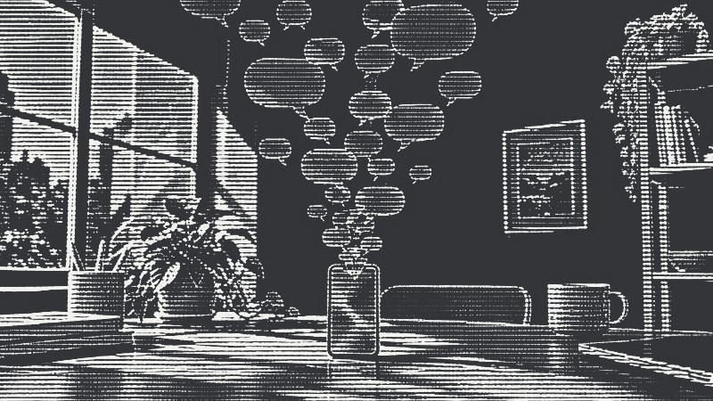 Translucent speech bubbles rise out of a smartphone standing on a desk