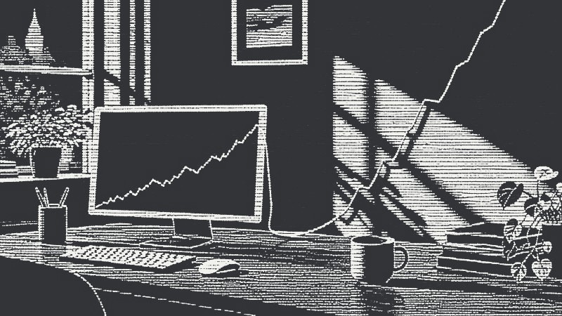 A chart line leaves a monitor screen as a real wire running across the desk and up the wall