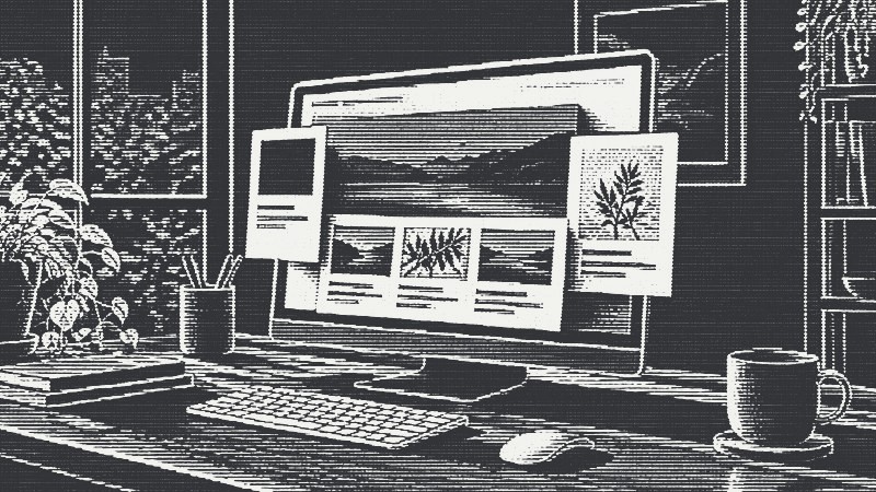 A website layout pops out of a desktop monitor in layered panels like a pop-up book