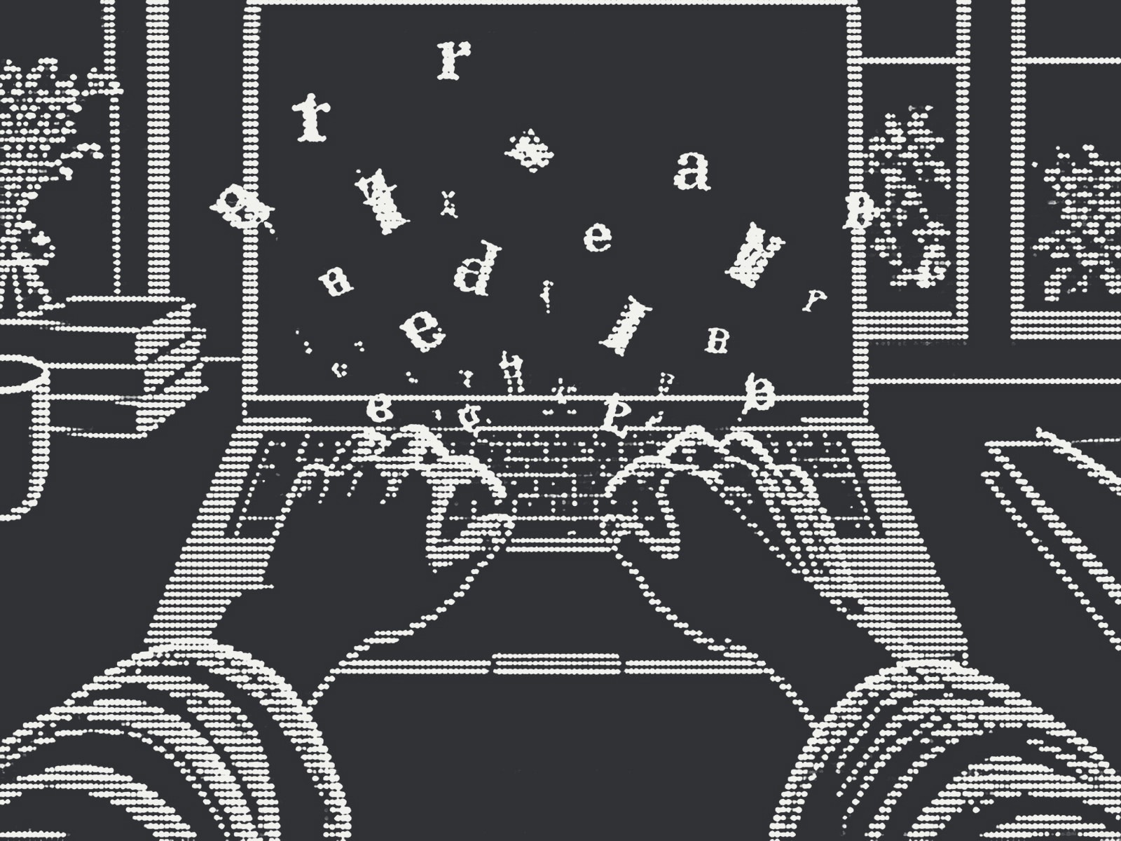 Head-on view of one person's hands typing on a laptop as letters float up off the keys
